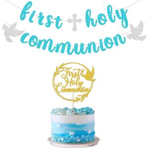 2 x First Communion Decorations, First Holy Communion Banner and First Communion Cake Topper, Baptism Decorations for Boys Girls (blue gold)