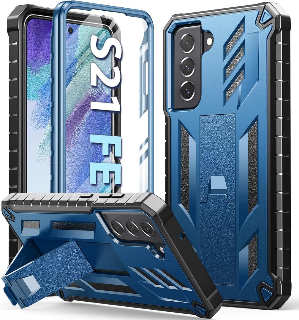 for Samsung Galaxy S21-FE Phone Case: Dual-Layer Military Grade Drop Proof Full Protection Cover with Kickstand | Durable Rugged Shockproof TPU Matte Textured Tough Protective Bumper Shell (Blue)