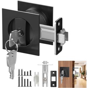 Square Door Hardware - Sliding Pocket Door Lock with Key, Flush Latch for Bed/Bath, Matte Black, 2-3/8" Backset