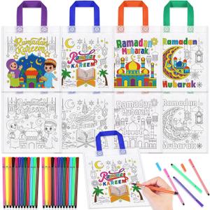 HOWAF 12pcs Ramadan Coloring Goodie Bags with Paint Pens for Kids, Eid Ramadan Mubarak Coloring Candy Bags Ramadan Kareem Coloring Gift Bags, Ramadan Kareem Reusable Canvas Bag Party Favors Coloring