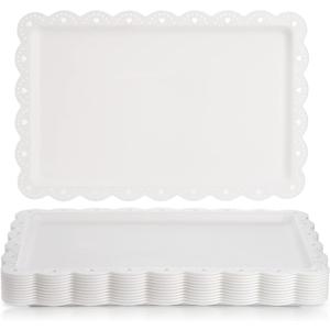 Peohud 12 Pack White Plastic Serving Tray with Lace Rim, Rectangle Food Trays, Disposable Serving Platters and Trays for Party, Wedding, Restaurant, 14.4" x 9.3"