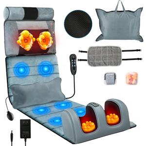 Full Body Massage Mat with Heat, Massager Pad with 10 Vibrating Nodes, 9 Modes, 3 Heating Levels with Detachable Neck Foot Massager, Head Pillow&Inflatable Lumbar Pillow, Anti-Slip for Bed/Sofa