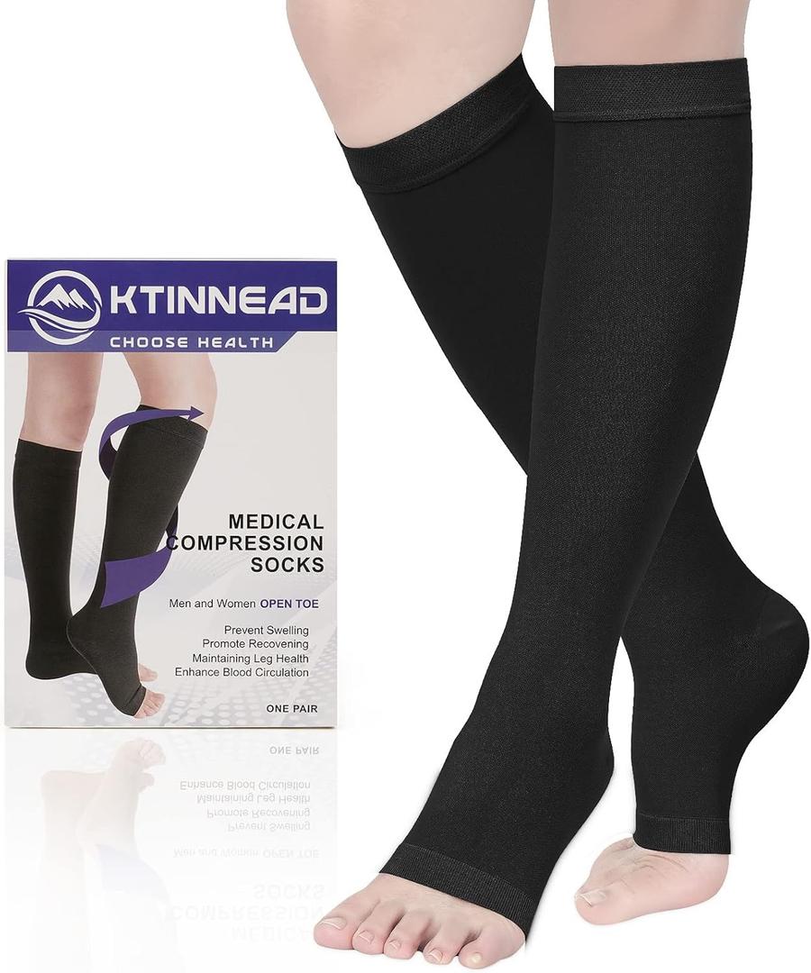 Ktinnead Compression Socks for Women and men 20-30 mmhg, Knee High Graduated Compression Stockings, Opaque, Open Toe, Unisex, Black, X-Large