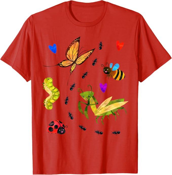 Kawaii Bugs Insect Ladybug Bee Mantis Butterfly for Kid Girl T-Shirt Red Size L