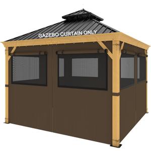 10ft x 12ft Gazebo Curtains,Privacy Replacement Sidewall with Roll-up Mosquito Net Windows, 4-Panel Universal Shade Curtains Set,Protecting Side Walls (Only Curtain)-Brown