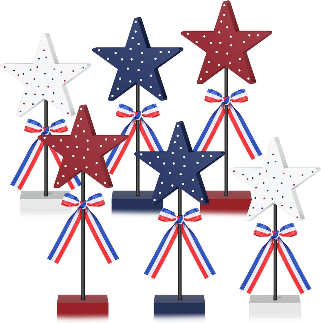 Briwooody 6 Pcs 4th of July Decoration Wooden Sign Retro Red White Blue Star Patriotic Tabletop Centerpiece Memorial Day Tiered Tray Decor for Veterans Independence Day Home Office