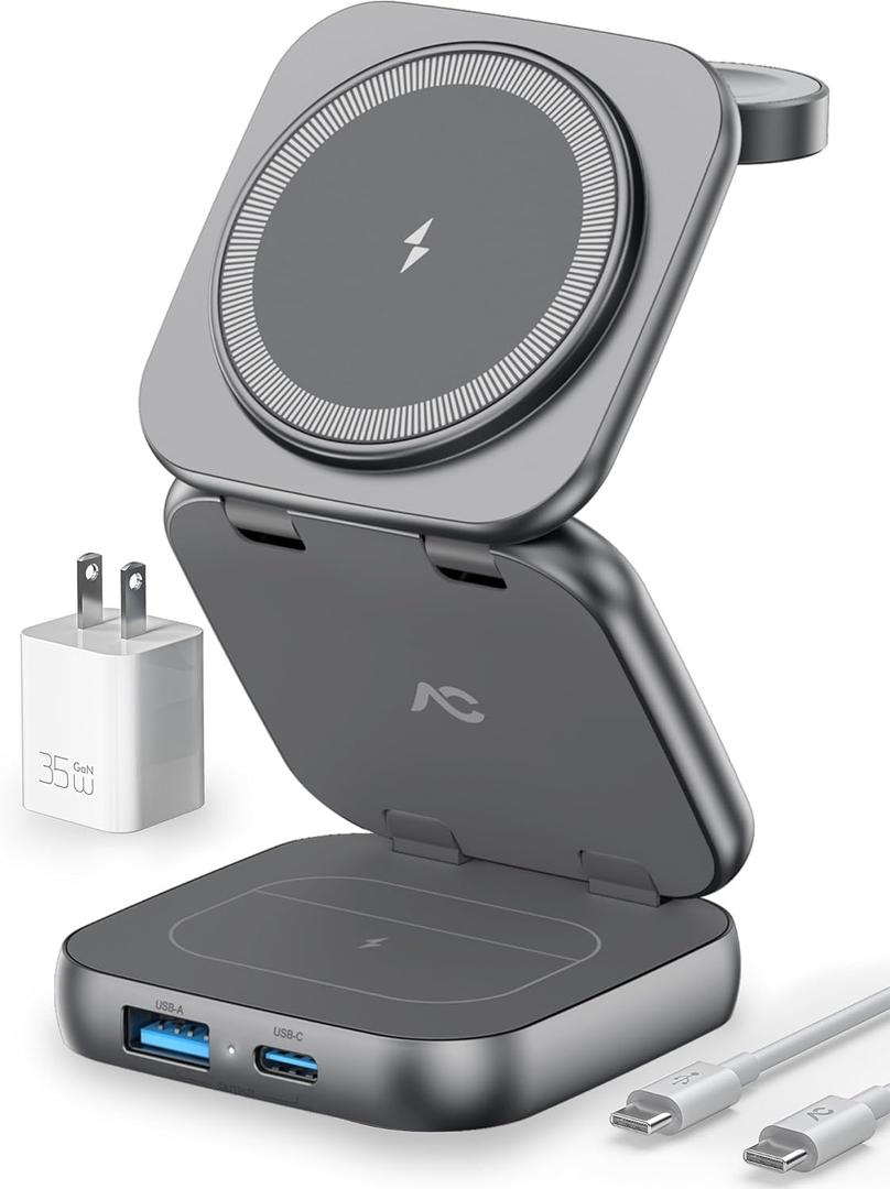 Wireless Charger for MagSafe, AC Island 5-in-1 Portable Travel Charging Station, 15W Max Fast Foldable Magnetic Stand, Evolved for iPhone 16/15/14/13 Series, Apple Watch, AirPods (with 35W Adapter) (Gray)