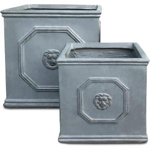 Kante Square Lion Head Concrete Planter Set of 2, Classic English Style Plant Pot with Drainage Hole and Rubber Plug for Indoor Outdoor, 10.2"x10.2"x10.2" and 12.6"x12.6"x12.6" Antique Gray