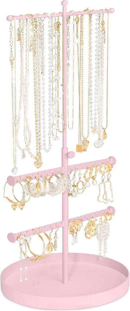 Jenseits Jewelry Holder Organizer Stand, 3 Tier Necklace Organizer Earring Holder Tree, Adjustable Height Jewelry Display Towers, Long Necklaces Bracelets Jewelry Storage Rack Gift For Women, Girls (Pink)
