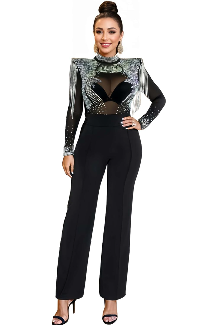 Women's Sparkle Rhinestone Jumpsuits for Women Sexy Party Night Out L