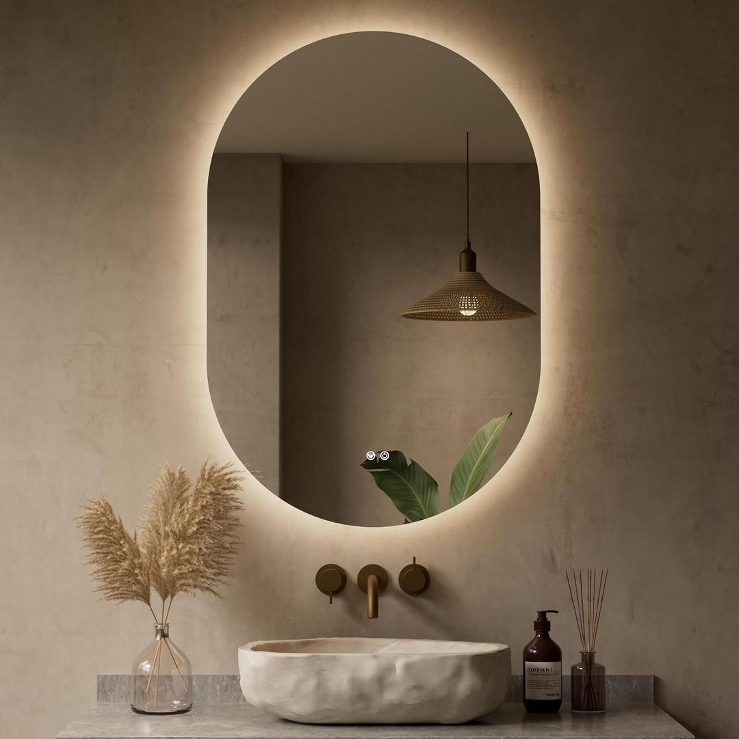 Keonjinn 24 x 36 Inch Oval LED Mirror with Backlit, Pill-Shaped Backlit Mirror Bathroom with HD Tempered Glass, UL-Listed Driver, 3000K/4500K/6500K, Defogging, Lighted Mirrors for Bathroom Wall