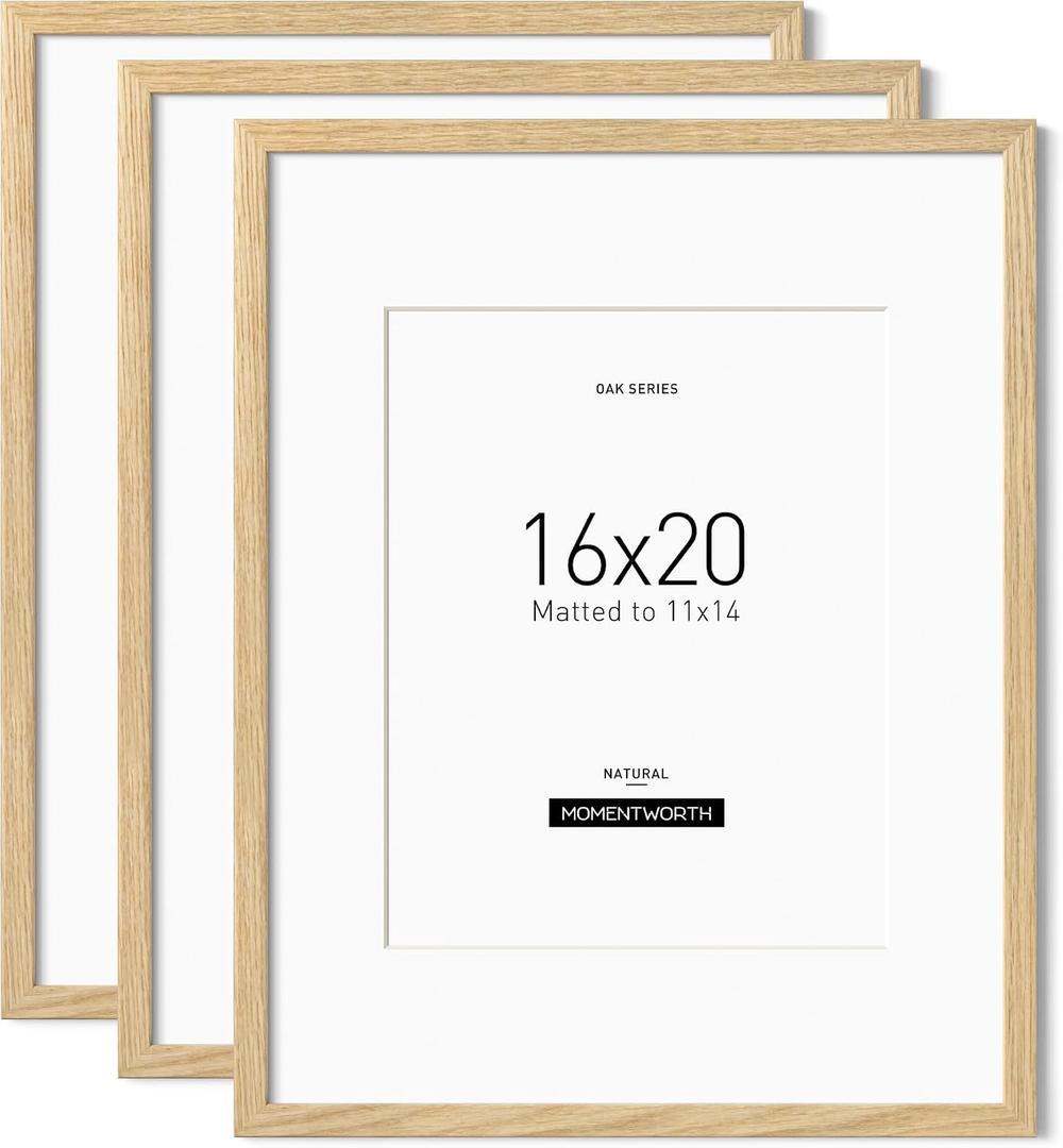 Momentworth 16x20 Frame with Mat for 11x14 set of 3, Solid Oak Wood 16x20 Frames for Horizontal & Vertical Wall Mounting(3 Pack,Oak), 16x20 , 3pk