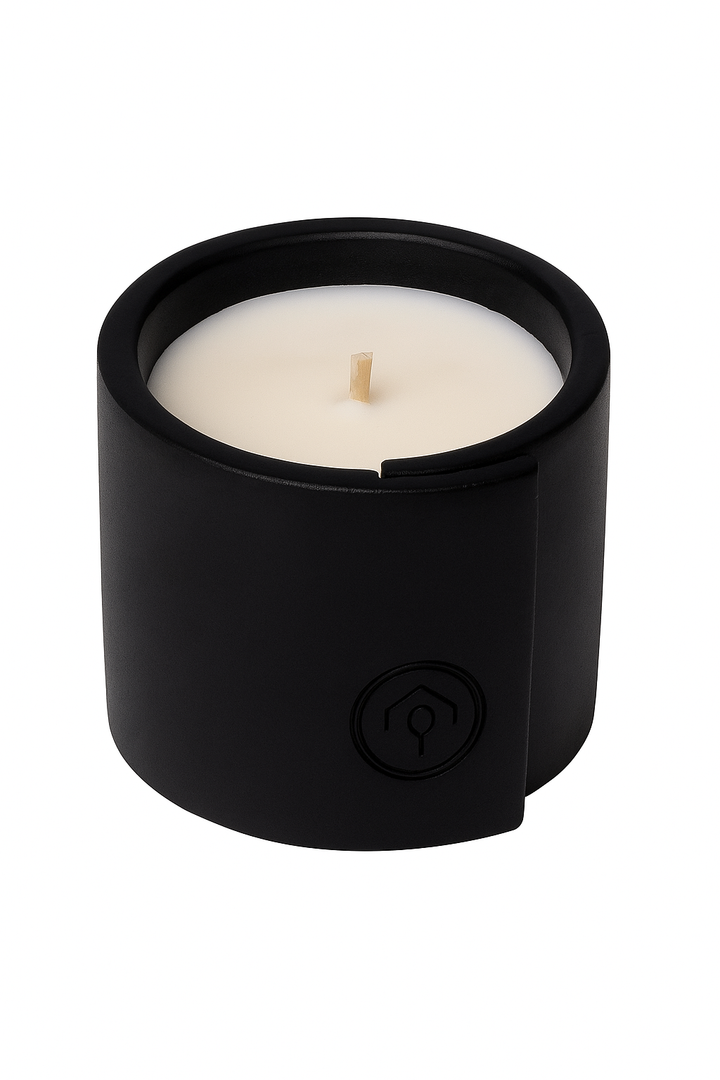 Minimalist Black Tealight Candle Holder with White Wax Candle – Decorative Modern Design with Center Split Detail – Ideal for Home, Spa, or Gift Use