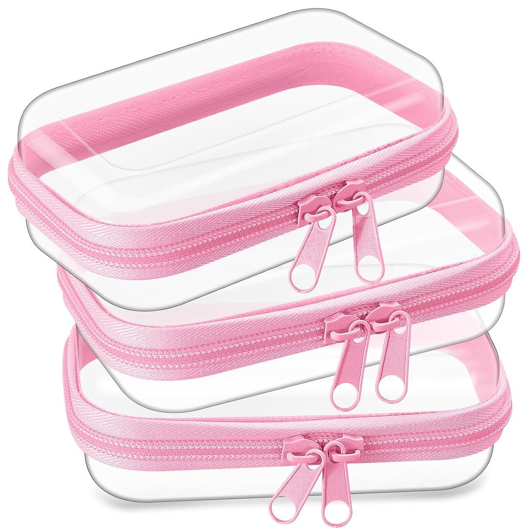 Hoolerry 3 Pcs Clear Hard Zipper Case Hard Plastic Zipper Pouch Makeup Bag Portable Travel Organizer for Cosmetics, Office Supplies, Documents & Toiletries(Pink,Xs)