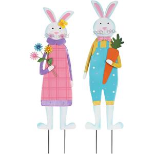 YEAHOME Easter Decorations Outdoor, Set of 2 Metal Bunny Decorative Garden Stakes for Easter Decor, Spring Rabbits Yard Stakes for Home Outside Front Door Porch Lawn Garden Backyard Decorations (Pink,Blue)