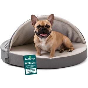 Furhaven 26" Round Orthopedic Dog Bed for Medium/Small Dogs w/ Removable Washable Cover, For Dogs Up to 30 lbs - Sherpa & Suede Snuggery - Gray, 26-inch