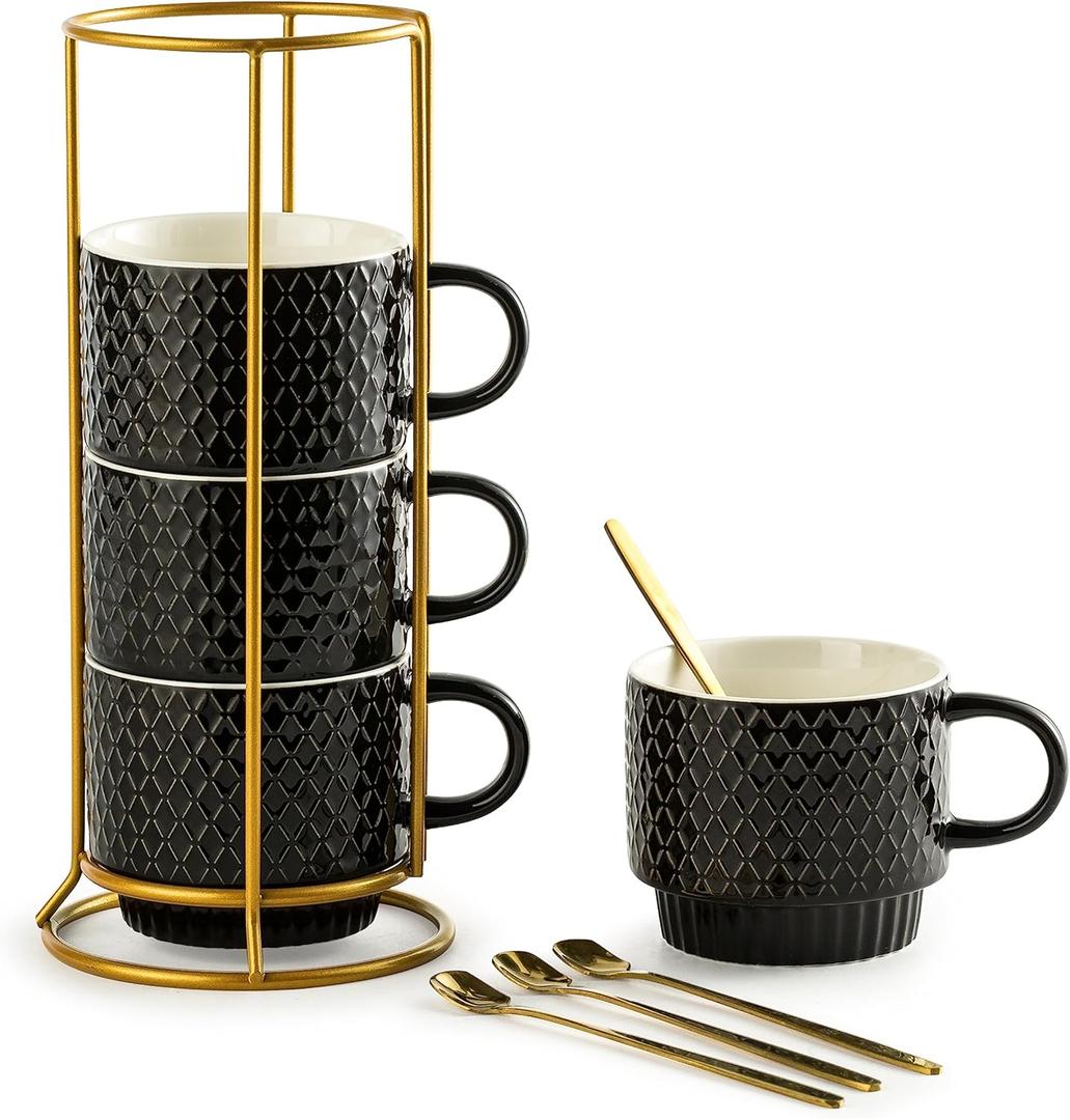 Gomakren Coffee Mugs Set of 4, 13 Ounce Stackable Coffee Mug Set with Stand, Valentine Stoneware Coffee Cup with Spoon for Coffee, Milk, Tea, Cocoa, Black