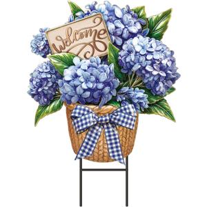 Amyhill Spring Outdoor Decor Hydrangea Metal Garden Stakes 25 Inch Decorative Hydrangea Yard Signs with Stakes Waterproof Floral Lawn Sign Welcome Outdoor Decorations for Patio Porch Lawn Backyard