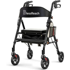 BlessReach Lightweight Foldable Rollator Walker with Seat for Seniors,Black