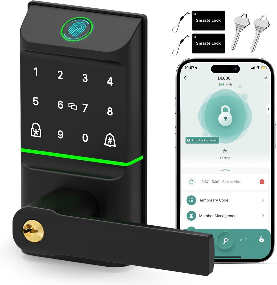 Smart Lock Keyless Entry, 6-in-1 Biometric Deadbolt w/Fingerprint, Keypad, IC Card, APP, Key, Type-C Charging, IP565 Weatherproof, Bluetooth, Doorbell & Auto-Lock for Front Door Home Security