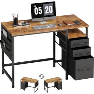 Maihail Small Desk with Drawers, 40 inch Computer Desk with Shelves, Writing Desk with Storage, Small Office Desk with Metal Frame, Rustic Brown