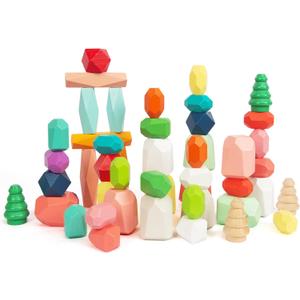 48 PCS Wooden Sorting Stacking Rocks Stones,Sensory Toddler Toys Learning Montessori STEM Toys, Building Blocks Game for Kids 3-6 Years Boy and Girl Birthday Gifts for Kids