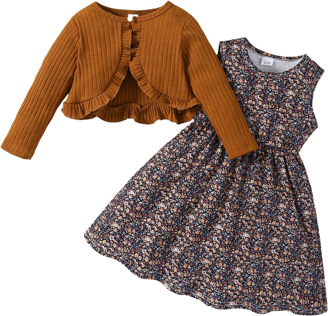 Kid Toddler Girl Fall Dress+Cardigan 2 Piece Floral/Plaid Sleeveless Dress and Cardigan Set 2-14Y (Brown)