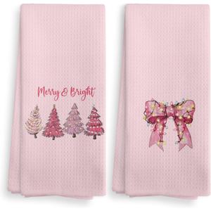Girly Pink Christmas Tree Bow Decorative Kitchen Towels and Dishcloths Set of 2, Preppy Christmas Gifts Hand Towels, Merry and Bright Drying Cloth Hand Towels Tea Towels for Bathroom, 1624 Inch