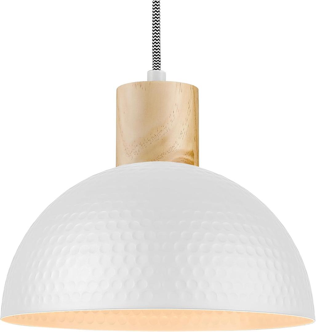 ELYONA 12" Hammered Pendant Light, Metal Dome Hanging Lamp Modern Solid Wood Pendant Light Fixtures for Kitchen Island, Farmhouse, Dining Room, Sink, Bedroom, Hallway, Nordic White