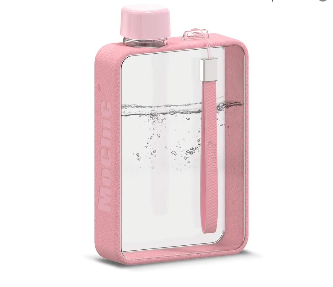Mochic 13oz Flat Portable Travel Mug Handbag Slim Cold Flask | BPA Free A5 Water Bottle Tritan Plastic | Sports, Camping, Gym, Fitness, Outdoor - Leak Proof. 380ml (Pink)