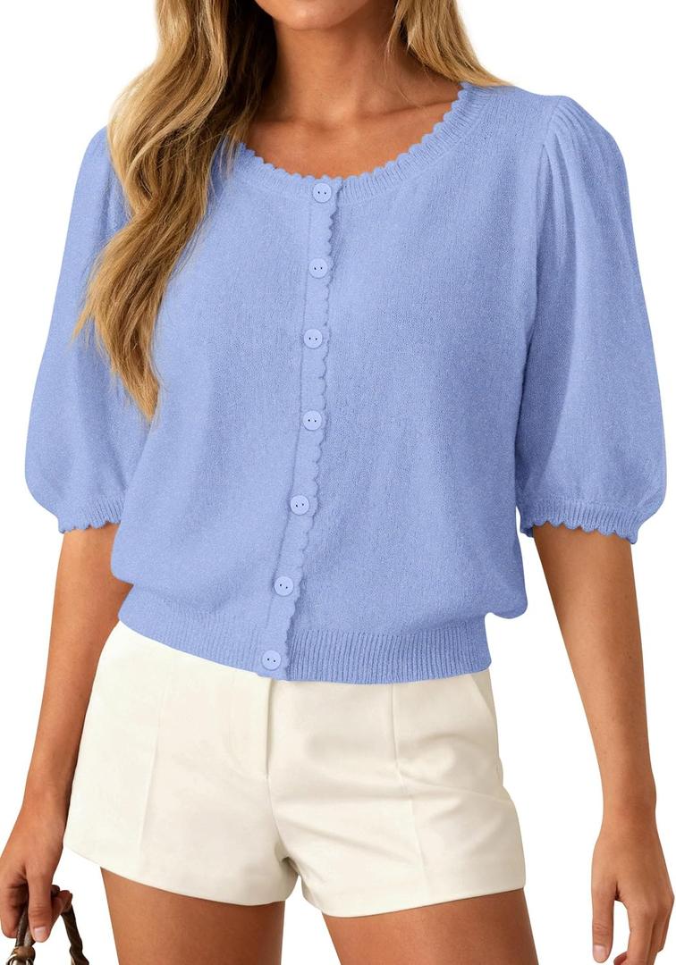 PRETTYGARDEN Puff Short Sleeve Cardigans for Women Lightweight 2026 Summer Shirts Button Up Knit Sweater Tops Spring Clothes (Blue, XL)