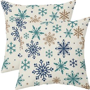 Robvobe Snowflakes Winter Pillow Covers 18x18 Set of 2 Blue Teal Brown Rustic Christmas Print Outdoor Decorative Throw Pillows Vintage Holiday Farmhouse Linen Cushion Case Sofa Couch Decor
