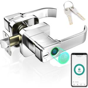 FITNATE Fingerprint Door Lock with App Control, Keyless Entry Door Lock with Handle, Smart Biometric Door Knob for Home Bedroom Office Hotel Apartment (Silver)