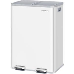 SONGMICS Trash Can, 2 x 8 Gallon (2 x 30 L) Dual-Compartment Garbage Can with Soft-Close Lid, Pedal and Inner Buckets, Stainless Steel, Includes 15 Liner Bags, Matte White ULTB741W01
