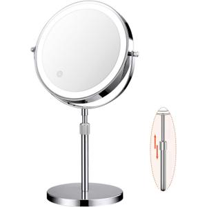 10X Lighted Makeup Mirror, 360 Rotation and Liftable, 3 LED Light Setting, Rechargeable Double Sidede Magnifying Vanity Mirror, Adjustable Brightness Cosmetic Light up Mirror, Silver (15"L x 8"W)
