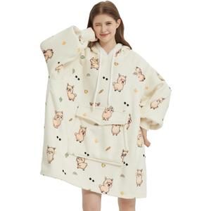 Qeils Wearable Blanket Hoodie for Women, Comfy Sherpa Sweatshirt Blanket as Birthday Christmas Gifts, Oversized Pullover Jacket Blanket Hoodie for Adult (Llama, Adult)