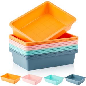 Taiyin 12 Pcs Plastic Flat Storage Tray Classroom Paper Bins Containers School Office Letter Basket Art Book Organization File Holder(Boho Color)