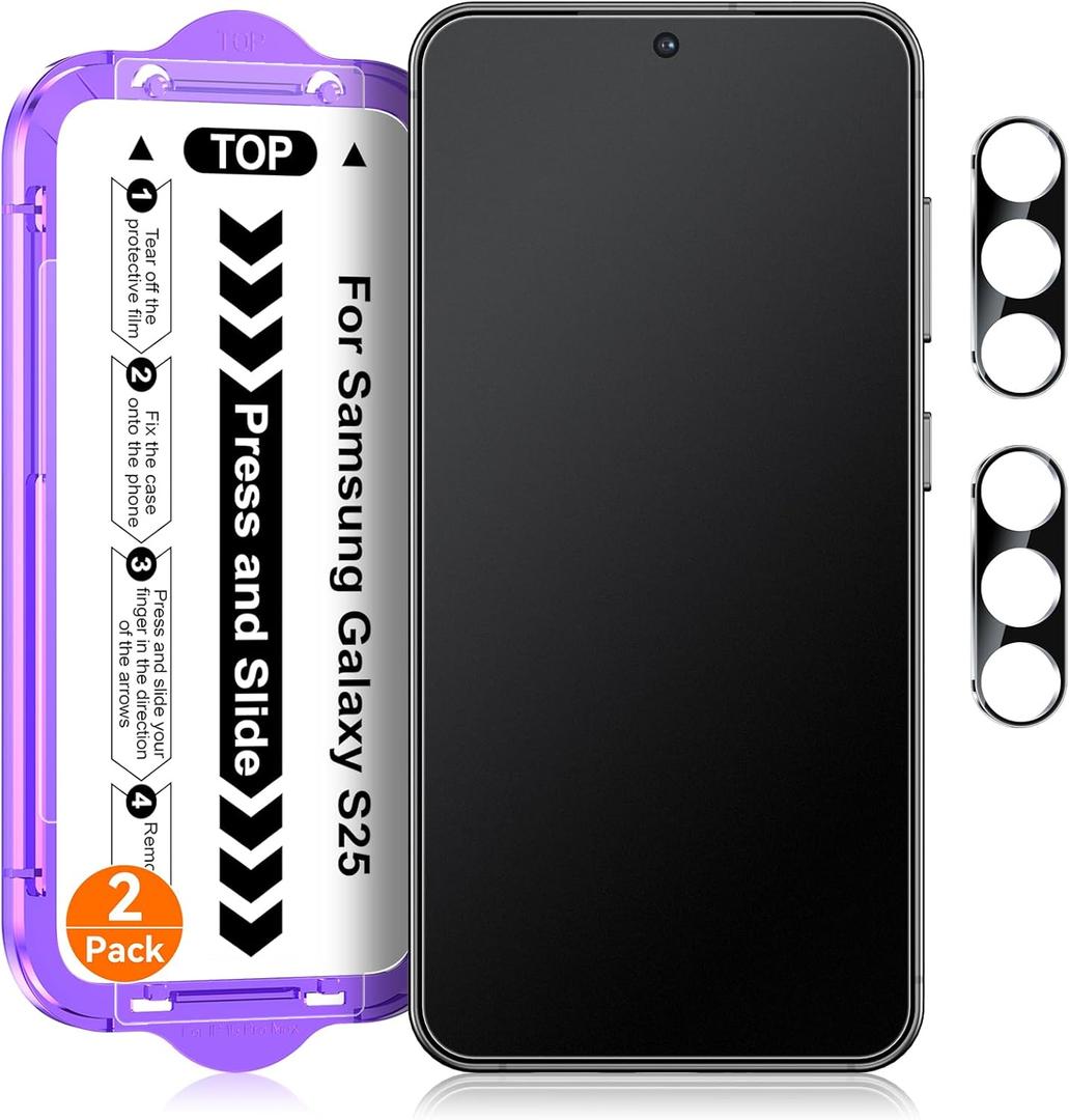2 Pack for Samsung Galaxy S25 [6.2 Inch] Matte Glass Screen Protector + 2 Pack Camera Lens Protector with Easy Installation Kit, Anti-Glare, 0.2mm Tempered Glass