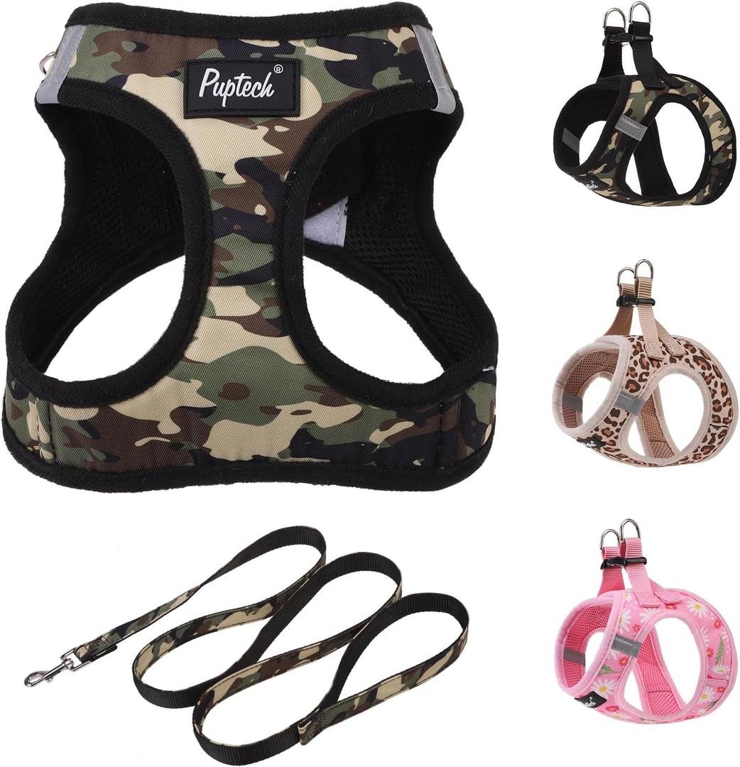 PUPTECK Dog Harness and Leash Set for Small Medium Dogs No Pull Step-in Soft Mesh Puppy Cat Vest Harnesses Reflective at Night, Camouflage, S (S(CHEST 14.5"-16", 6.6-14 lbs))