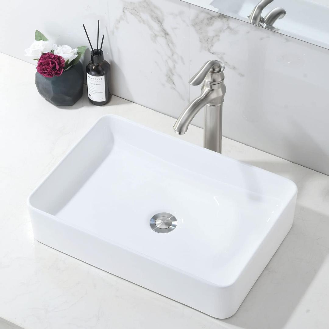 20 Inch Bathroom Sink Above Counter, 20x14 Inch Modern White Vessel Sink Rectangular Porcelain Ceramic Countertop Hand Wash Vessel Vanity Sink Art Basin