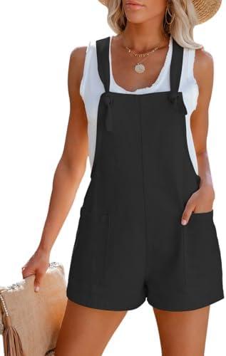 Aoudery Women's Summer Casual Sleeveless Rompers Loose Spaghetti Strap Cotton Shorts Overalls Jumpsuit with Pockets, Size S