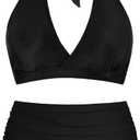Women's Halter Bikini Sets High Waisted Tummy Control Swimsuit V Neck Push Up Bathing Suits (Black, L)