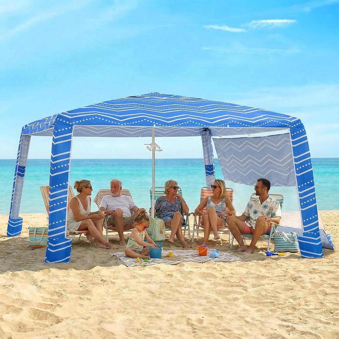 Zeraty Beach Cabana 8'×8', Portable Beach Canopy with Side Wall, UPF 50+ Silver-Coated B Each Tent Sun Shelter Easy Pop Up, Wind Resistant Adjustable Height B Each Umbrella Tent for Family, Boho Blue
