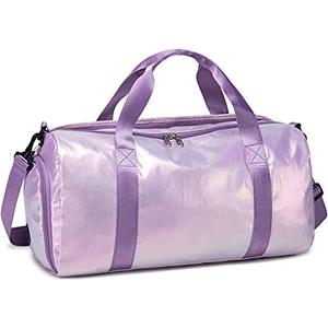 Gym Bag Sports Duffle Bag with Wet Pocket Weekender Overnight Bag with Waterproof Shoe Pouch and Air Hole for Women Girls Travel Foldable Bag (Metallic Purple)