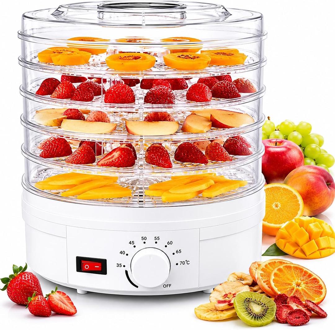 Food Dehydrator Machine, 5-Tray Round Dehydrator with Adjustable 95°F-158°F Temperature Control, 11 Inch Compact Dryer for Fruit, Jerky, Herbs, Vegetables, Dog Treats(White)