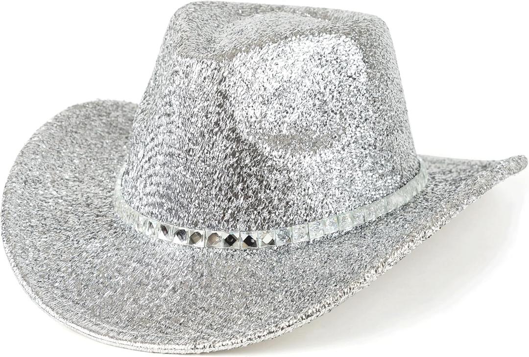 Men & Women Cowboy Hat Western Style Glitter Cosplay Party Costume Hats (Medium, Silver)