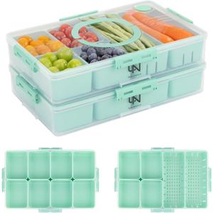 Stackable Snackle Box Container with 2 Lids, 14 Compartments - BPA-Free Snackle box Organizer, Dishwasher & Microwave Safe Reusable Snacklebox for Veggies, Fruits, Charcuterie, Snacks (Green, 2 Pack)