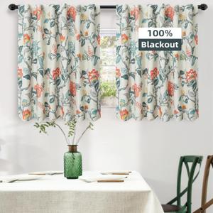 DriftAway Ada Floral Botanical Print Flower Leaf Lined Thermal Insulated Room Darkening Blackout Window Curtains 2 Layers Set of 2 Panels Each 52 Inch by 36 Inch Orange Teal Beige Linen