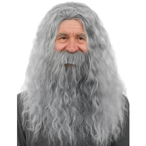 Wizard Gray Wig Beard Long Curly Wavy Hair Grey Men Synthetic Wigs Old Man Halloween Cosplay Party Christmas Costume Accessories Lightweight Realistic