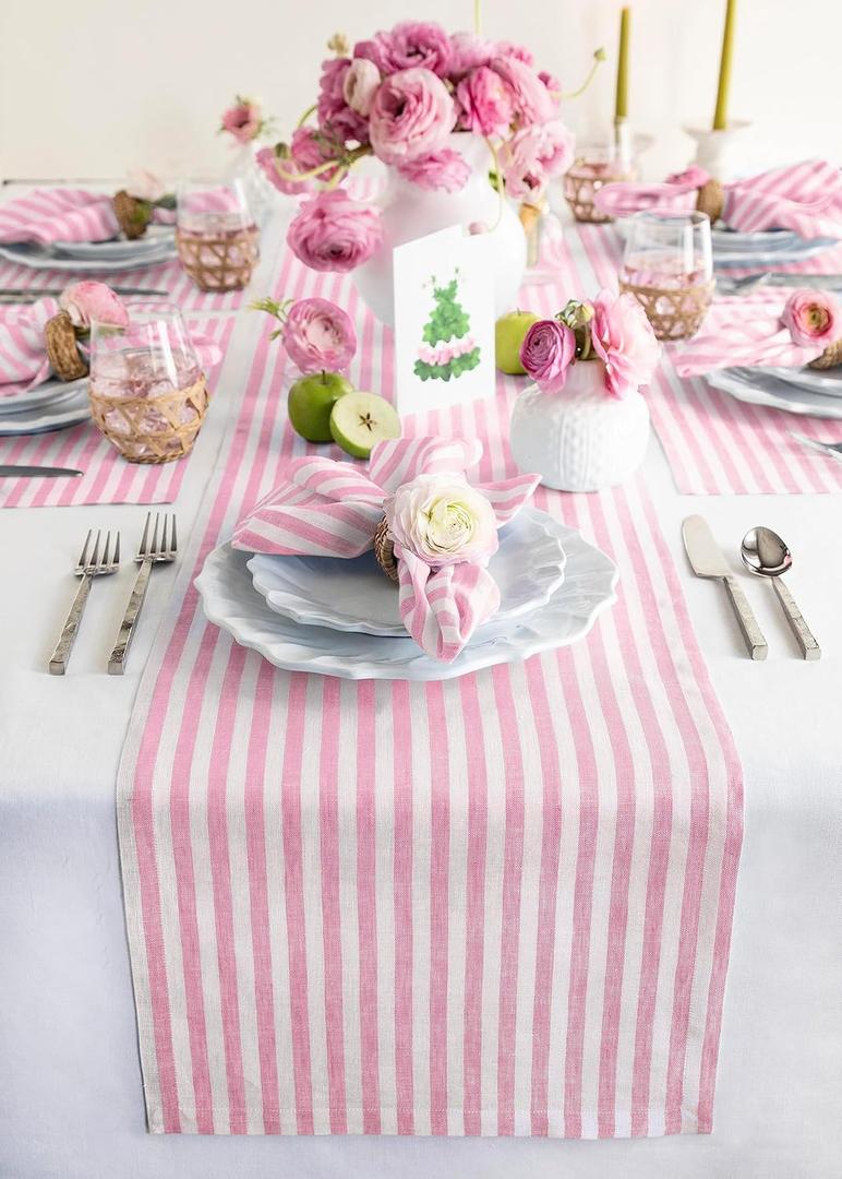 Solino Home Striped Linen Table Runner 60 Inches - Amalfi Stripe, 100% Pure Linen Cherry Blossom and White Small Table Runner 14 x 60 Inch Ideal for Dresser and Coffee Tables - Summer